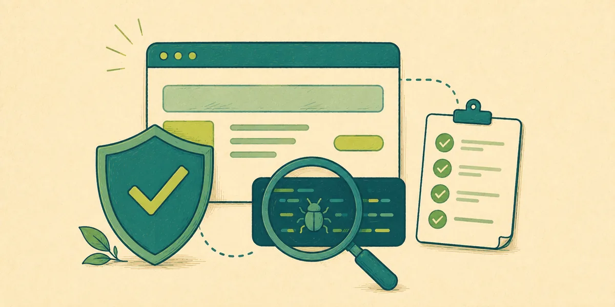 Secure design: a shield, a browser window, a magnifying glass scanning code, and a checklist